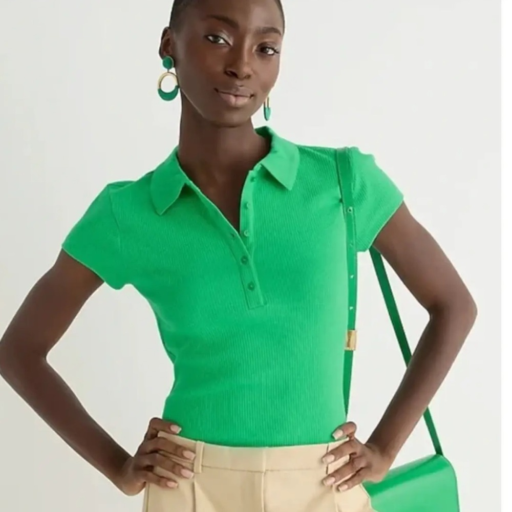 J Crew Vintage Ribbed Polo Shirt, Green, Short Sleeve, Size XS